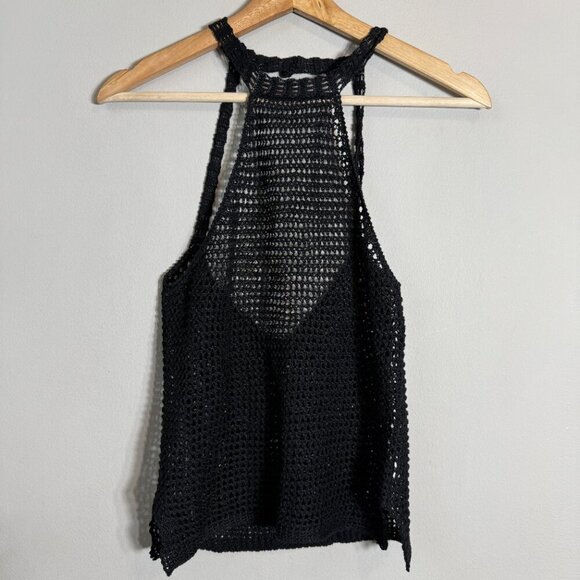 Free People High Neck Crochet Tank Top Women's Medium* Black Sheer Festival Boho - Picture 4 of 12